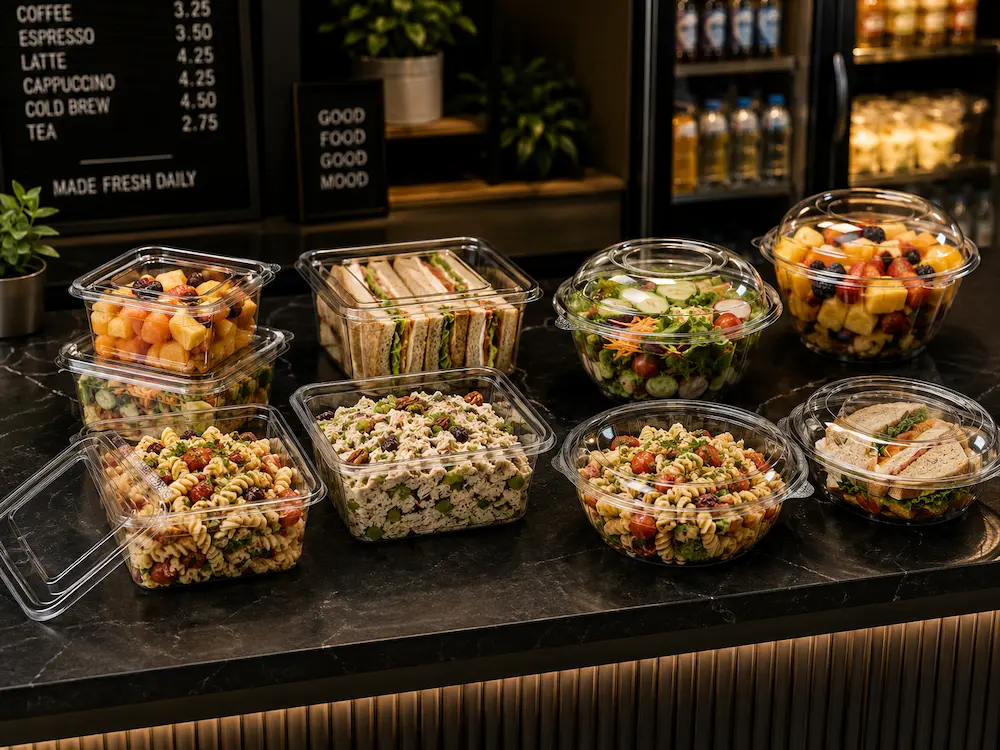 Clear PET salad containers and deli packaging displayed on a cafe counter for grab-and-go food service