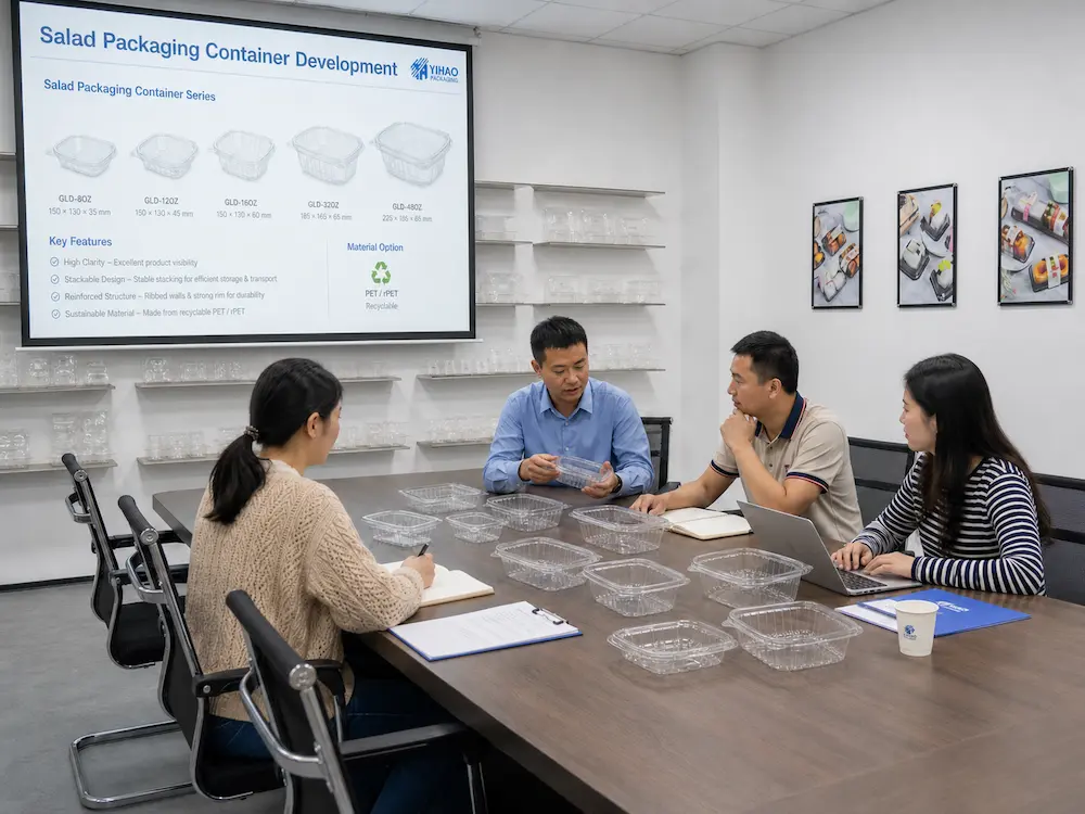 Salad Packaging Containers: Buyer Guide for Food Packaging Teams 8 Salad packaging container development meeting with clear PET container samples