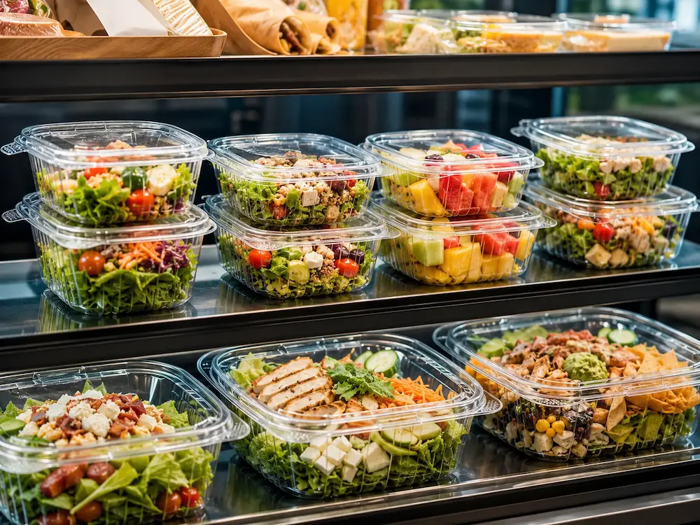 Clear PET salad packaging containers displayed in a refrigerated retail case