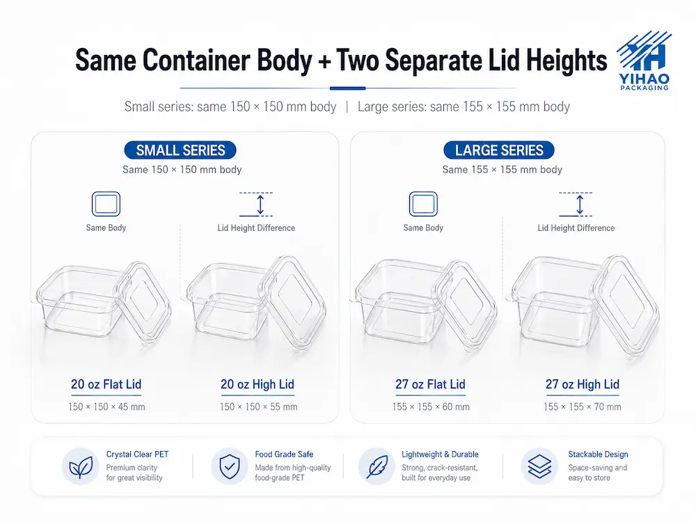 Square PET deli containers showing the same container body with flat lid and high lid options for chilled food packaging