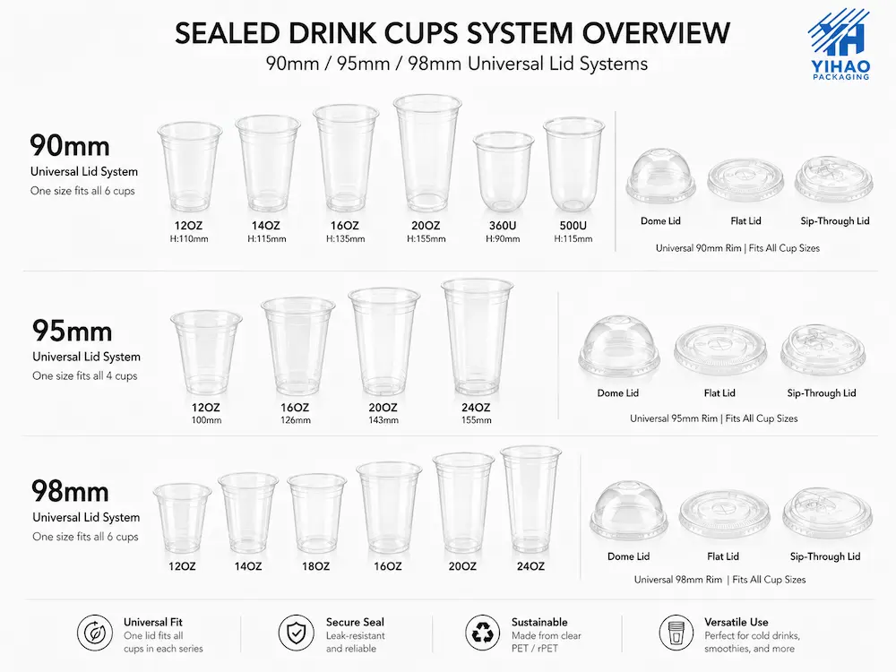 Sealed Drink Cups FAQ: Materials, Sizes, Uses, and Ordering Questions 1 Sealed drink cups system overview with 90mm, 95mm, and 98mm universal lid systems
