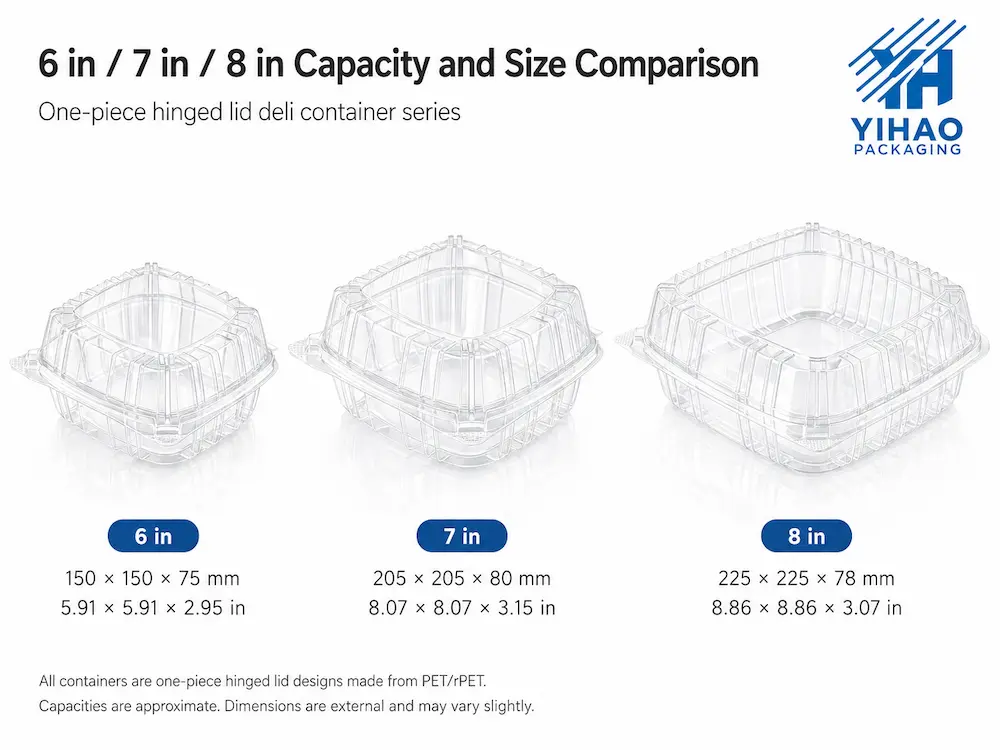 Best Nut Containers for Retail Display, Takeaway, and Chilled Food 3 6 inch 7 inch and 8 inch clear PET hinged nut container size comparison