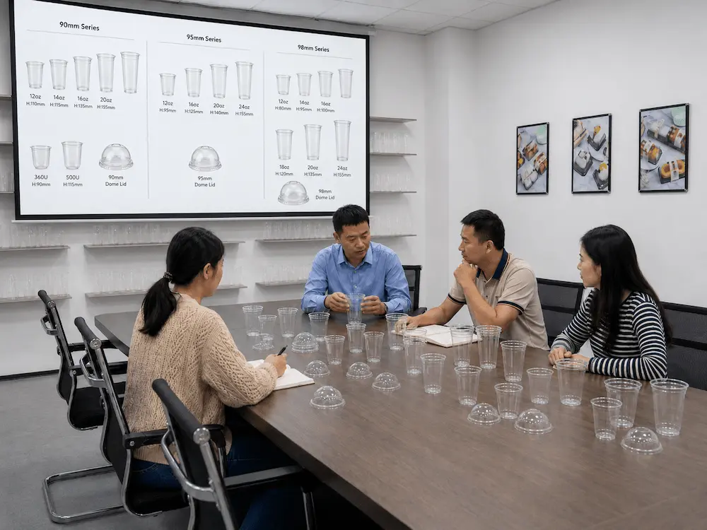 Packaging team reviewing clear smoothie cup samples and lid compatibility in a meeting