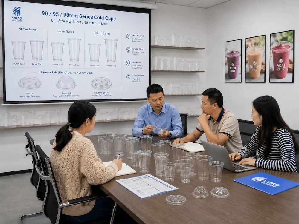 Smoothie, Protein Drink, and Acai Refresher Cups Complete Guide 7 Smoothie cup supplier meeting with clear cup samples and lid compatibility review