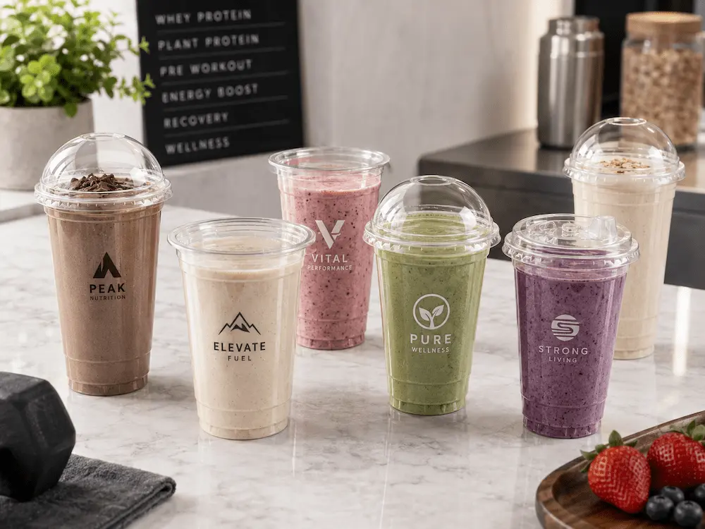 Smoothie cups and protein drink cups with flat lids, dome lids, and sip-through lids for different drink textures
