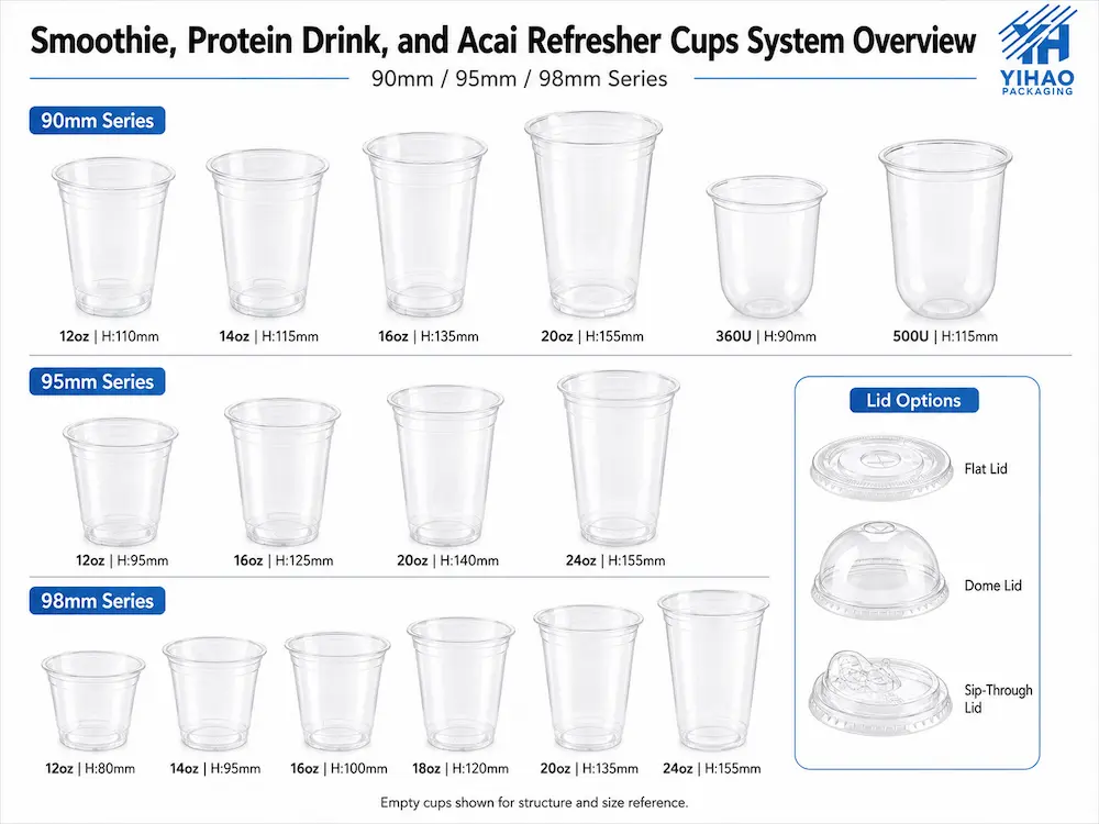 Smoothie, Protein Drink, and Acai Refresher Cups Complete Guide 1 Smoothie protein drink and acai refresher cup system overview with 90mm 95mm and 98mm series