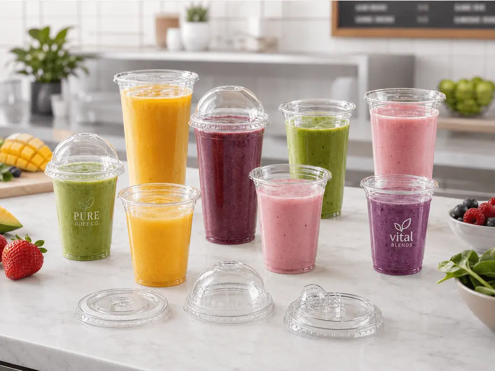 Clear smoothie cups for protein drinks, acai refreshers, and cold beverages with flat, dome, and sip-through lids