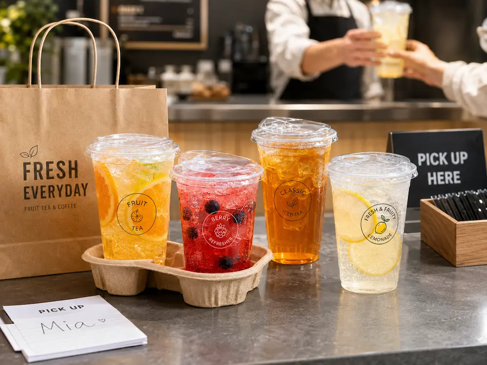 Clear PET sparkling fruit drink cups with lids for lemonade, fruit tea, and refreshers at a takeaway counter