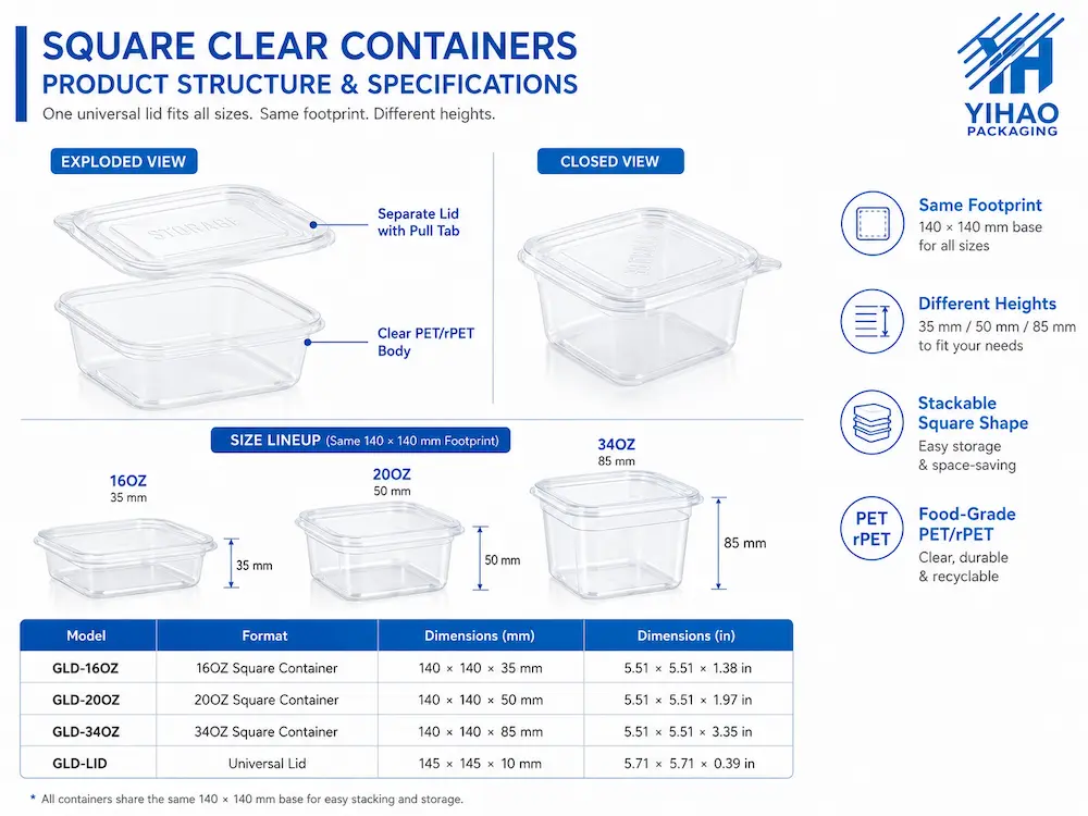 Square clear food containers structure and specifications with universal lid