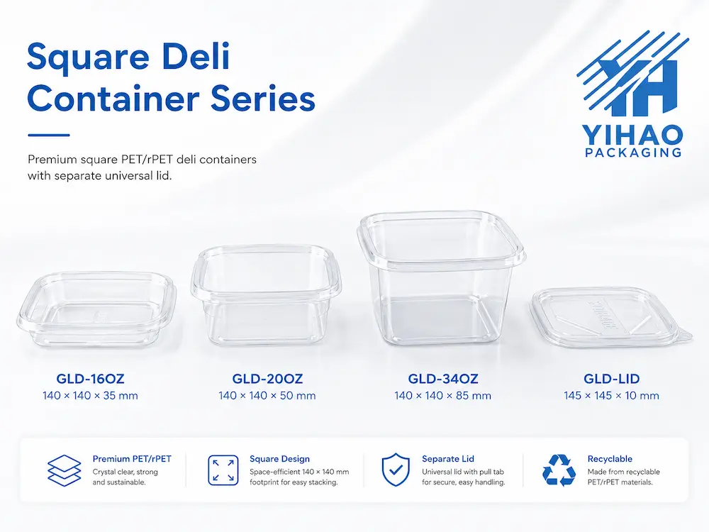Clear square PET and rPET deli container series with universal lid