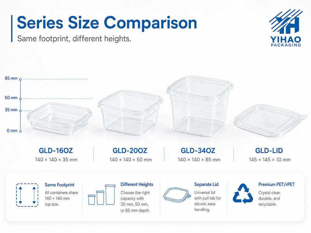 Square deli container size comparison for 16 oz, 20 oz, and 34 oz PET containers