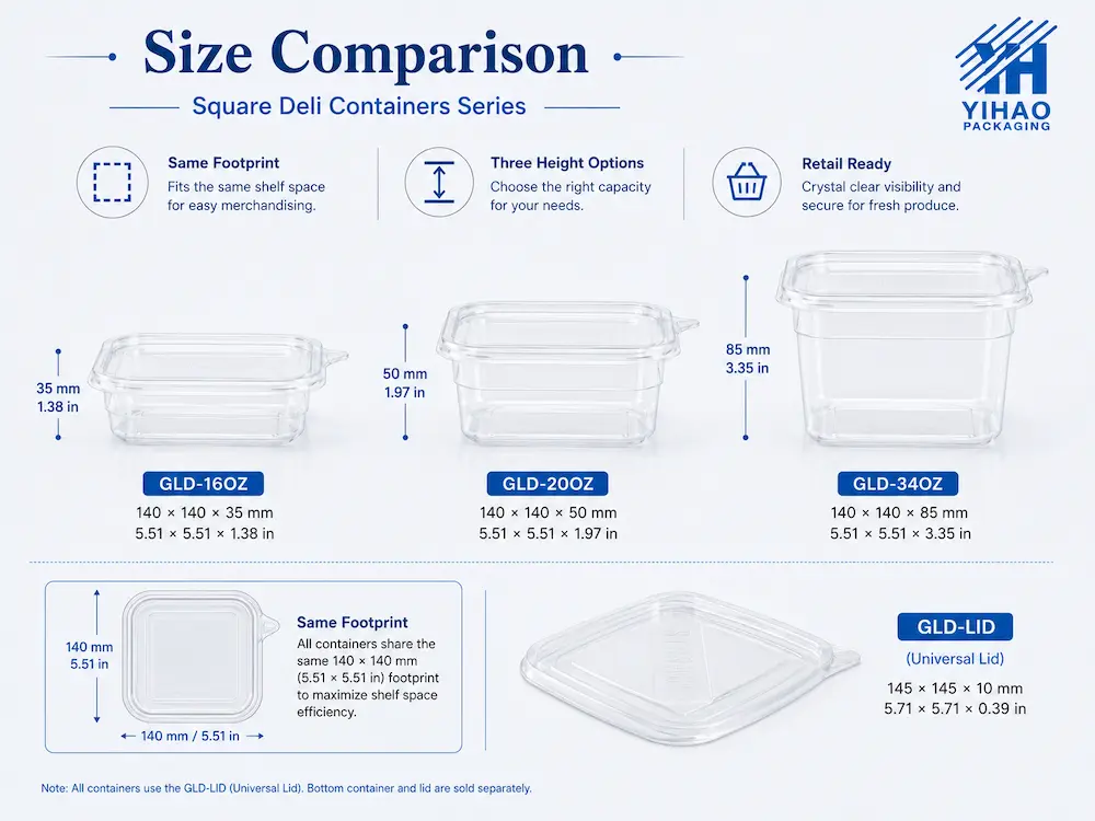 Size comparison of 16 oz, 20 oz, and 34 oz square deli containers with the same footprint