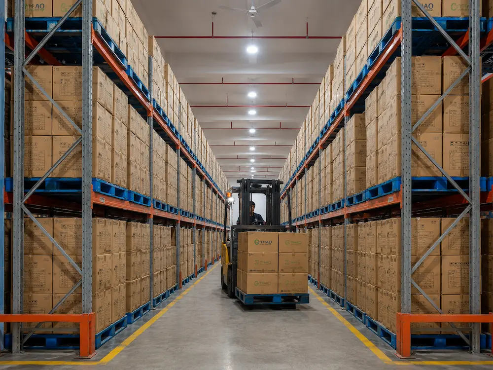 Wholesale warehouse inventory for square deli container packaging with cartons, pallets, and forklift handling