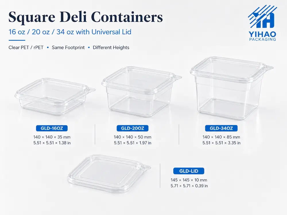 Square deli containers in 16 oz, 20 oz, and 34 oz sizes with a universal PET lid