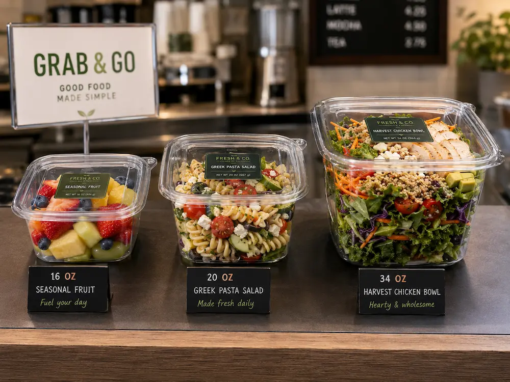 Clear square deli containers for fruit, pasta salad, and chicken salad in a grab-and-go cafe display