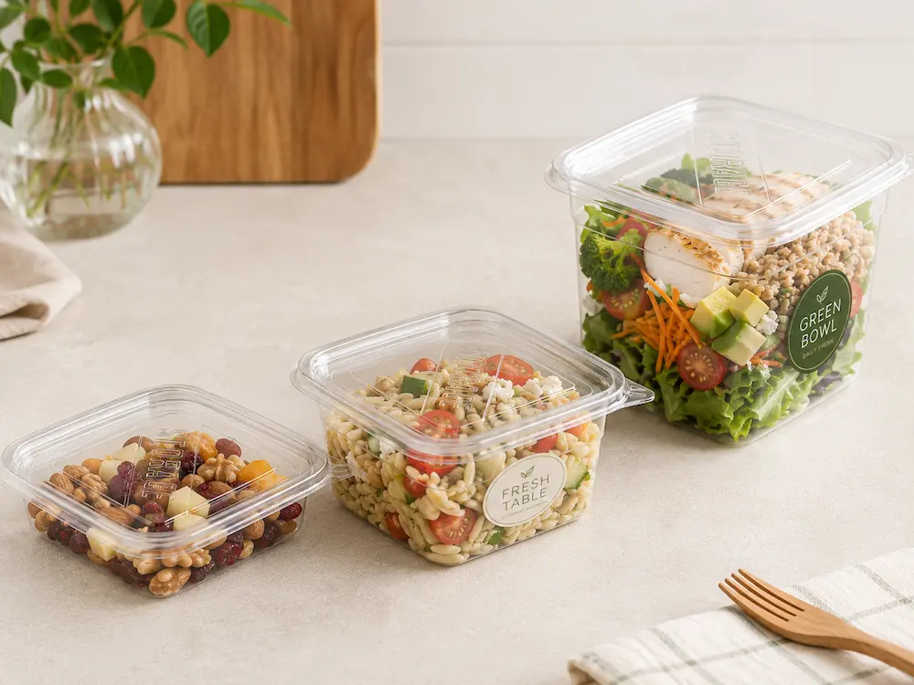 Square Deli Containers: Buyer Guide for Food Packaging Teams 8 Clear square deli containers for salad, fruit, snacks, and chilled grab-and-go food packaging