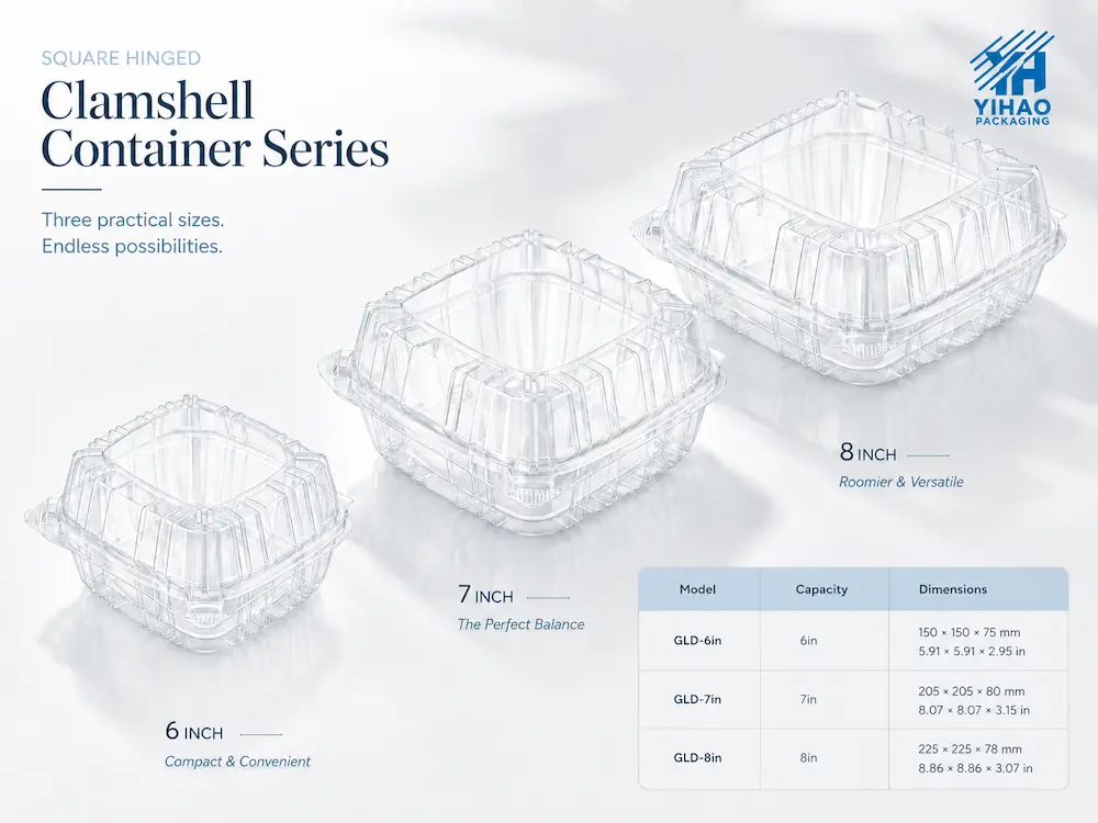Produce Packaging Manufacturer: Buyer Guide for Food Packaging Teams 2 Square hinged clear PET clamshell container series in 6 inch 7 inch and 8 inch sizes
