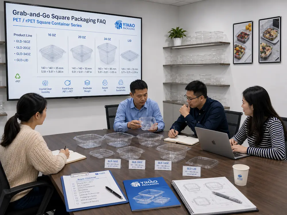 Grab-and-Go Square Packaging FAQ: Materials, Sizes, Uses, and Ordering Questions 6 Packaging buyer consultation meeting with clear square PET container samples, product specifications, and sample checklist