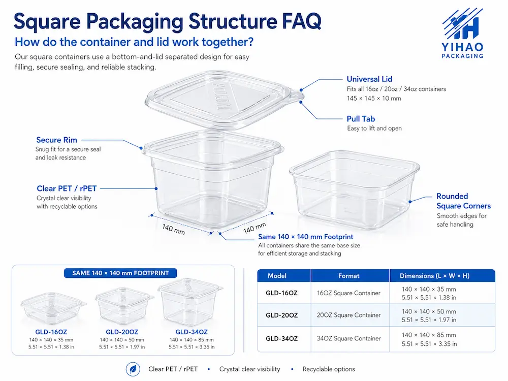 Grab-and-Go Square Packaging FAQ: Materials, Sizes, Uses, and Ordering Questions 4 Exploded structure diagram of square PET food container with universal lid, secure rim, pull tab, and rounded corners