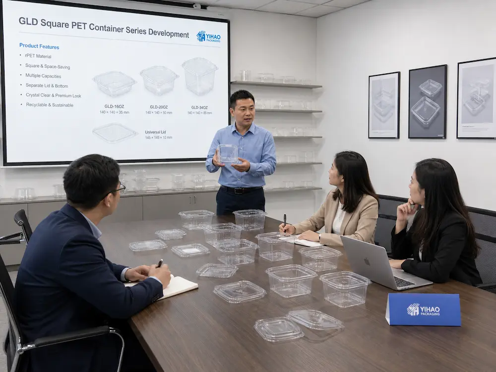 YIHAO team reviewing square PET deli container samples and product specifications