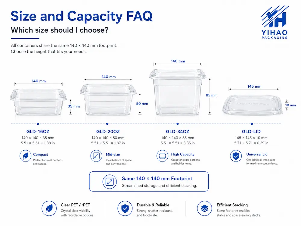 Grab-and-Go Square Packaging FAQ: Materials, Sizes, Uses, and Ordering Questions 3 Size and capacity guide for 16 oz, 20 oz, and 34 oz square PET containers with universal lid