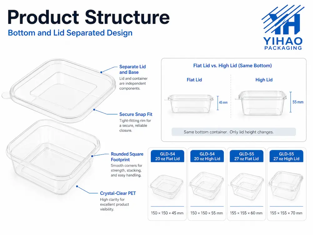 Product structure of square PET food containers with separate lid and base design
