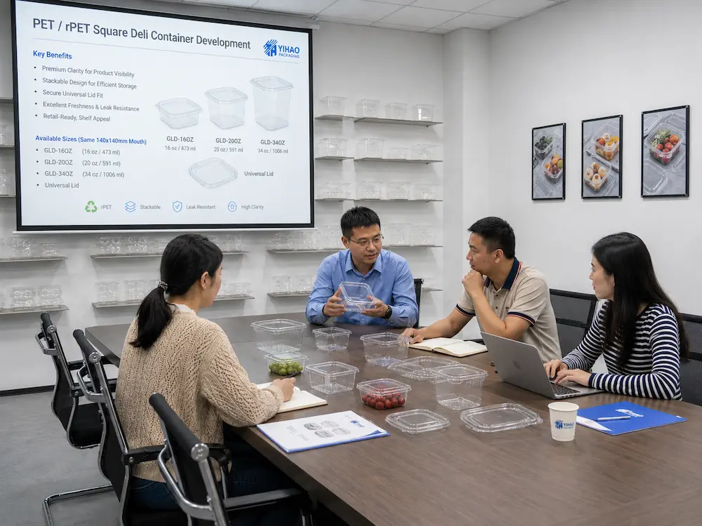 Product development meeting for square PET deli container samples, lid fit, clarity, and packaging performance