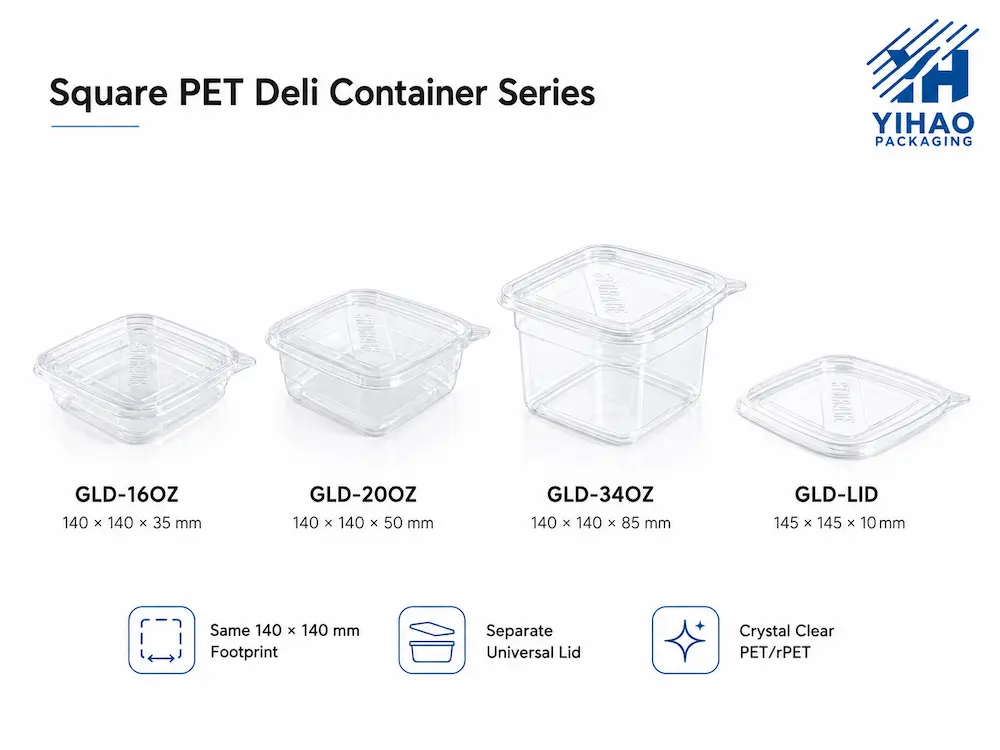 Square PET Deli Containers Complete Guide 2 Square PET deli container series with 16oz 20oz 34oz containers and universal lid