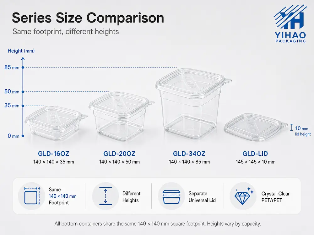 Square PET deli container size comparison with same 140mm footprint
