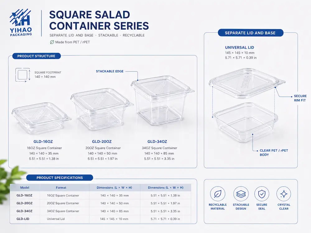 Square PET deli container structure with stackable edge, secure rim fit, and universal lid system
