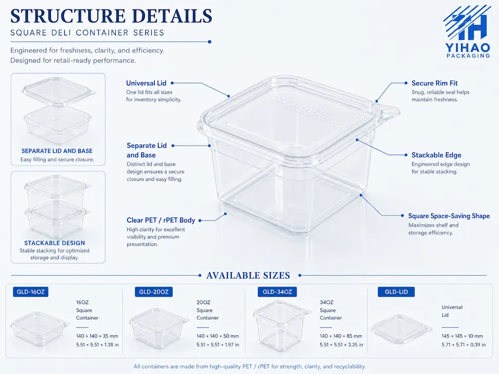 Structure details of a clear PET square deli container with universal lid, secure rim, and stackable edge