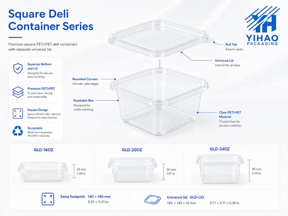 Square PET deli container with separate lid, pull tab, rounded corners, and stackable rim