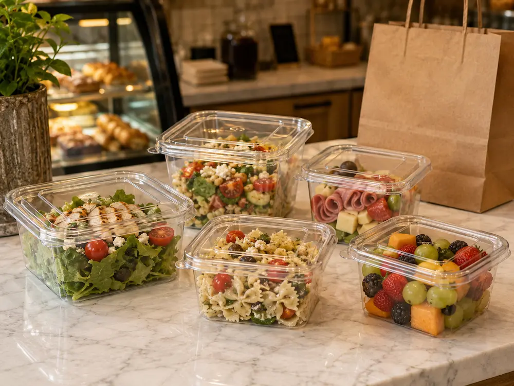 Square PET deli containers used for cafe takeaway salads, fruit, pasta, and snack packs