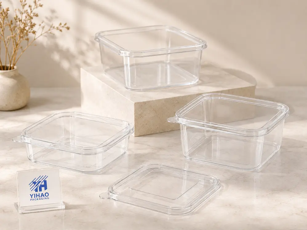 Clear square PET deli containers with separate lids for chilled salads, fruit, and deli food packaging