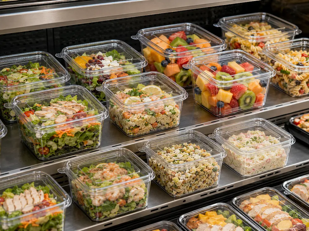 Clear square PET deli containers displayed in a refrigerated case with salads, fruit, pasta, and chilled meals