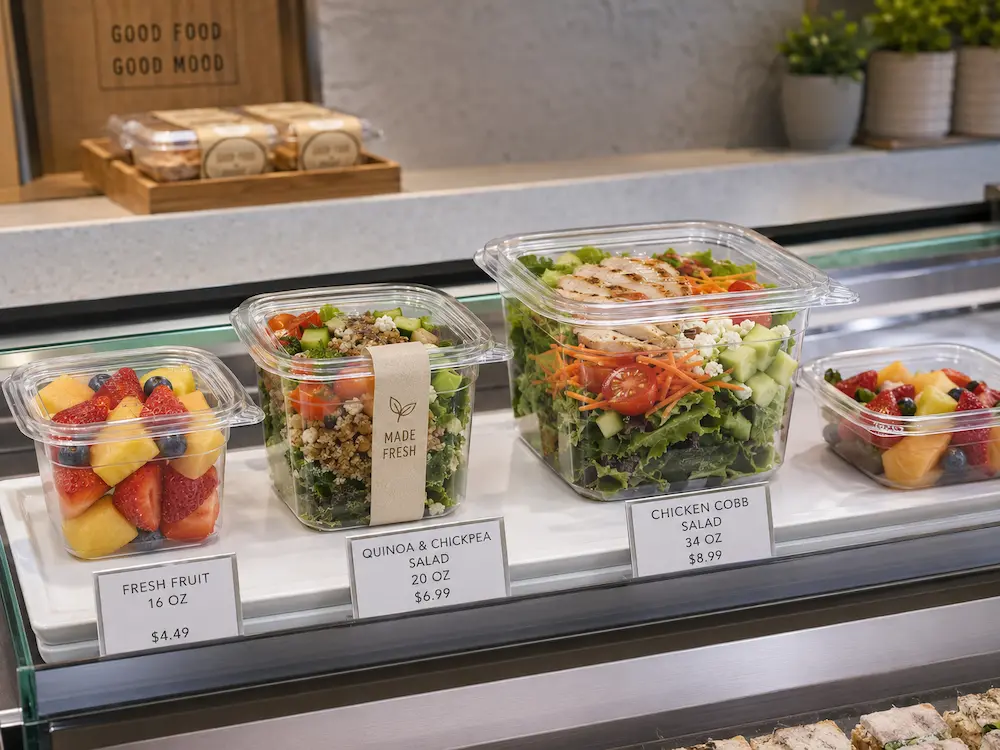 Square PET deli containers for fresh fruit salad and chilled retail food display