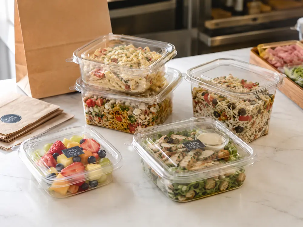 Square PET deli containers filled with salads, fruit, pasta salad, and chilled deli food for retail packaging