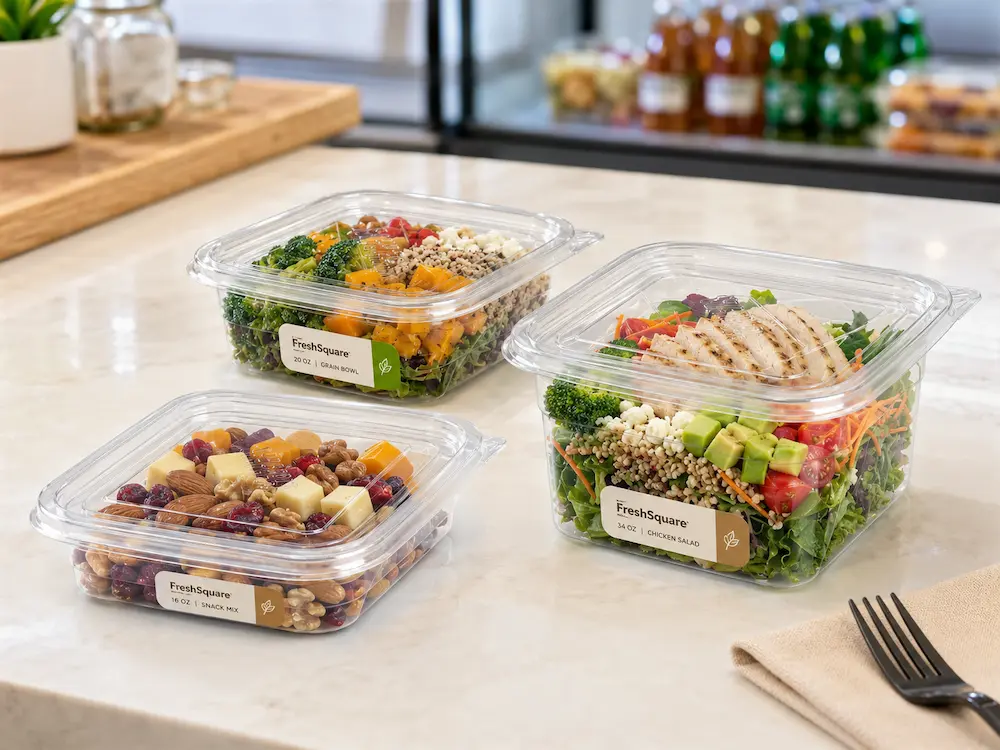 Grab-and-Go Square Packaging FAQ: Materials, Sizes, Uses, and Ordering Questions 1 Clear square PET grab-and-go containers packed with salad, grain bowl, and snack mix on a foodservice counter