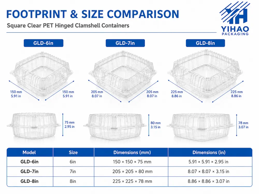 Footprint and size comparison of 6in 7in and 8in square PET hinged clamshell containers