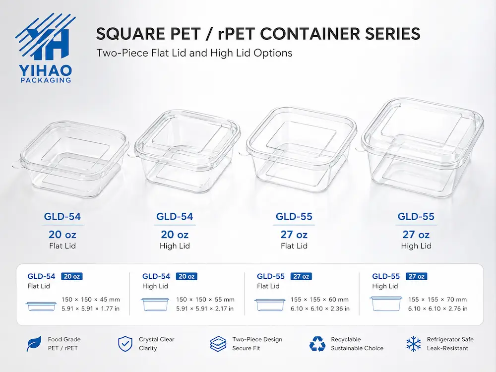 Square PET and RPET salad containers with flat lid and high lid options for wholesale food packaging