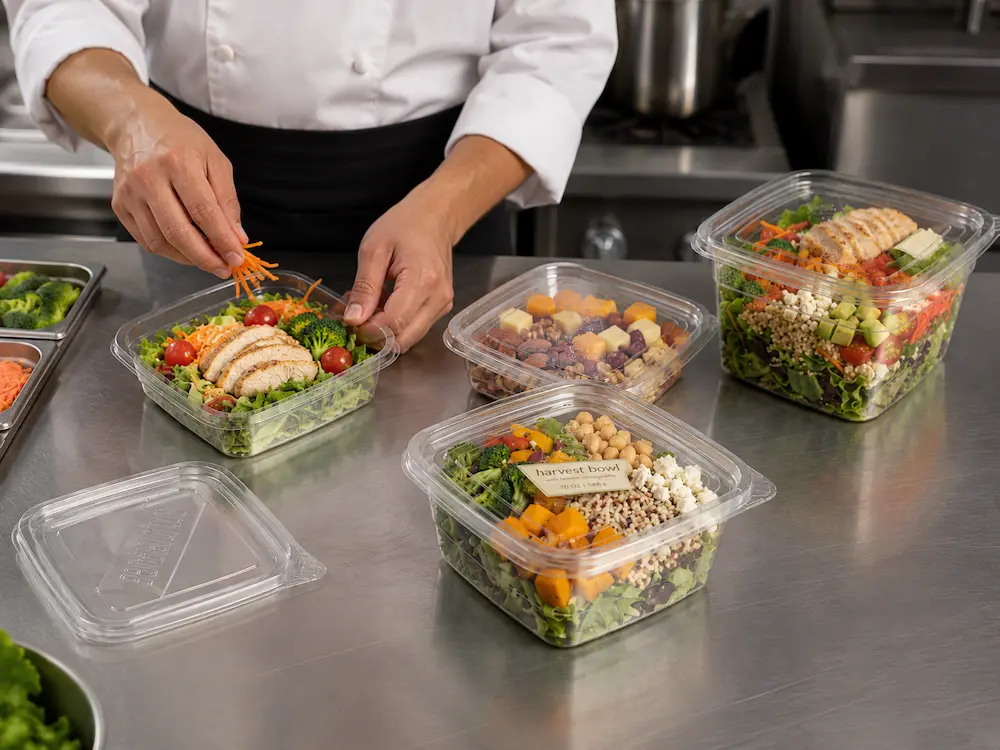 Square PET salad containers for fresh meal preparation and deli food packaging