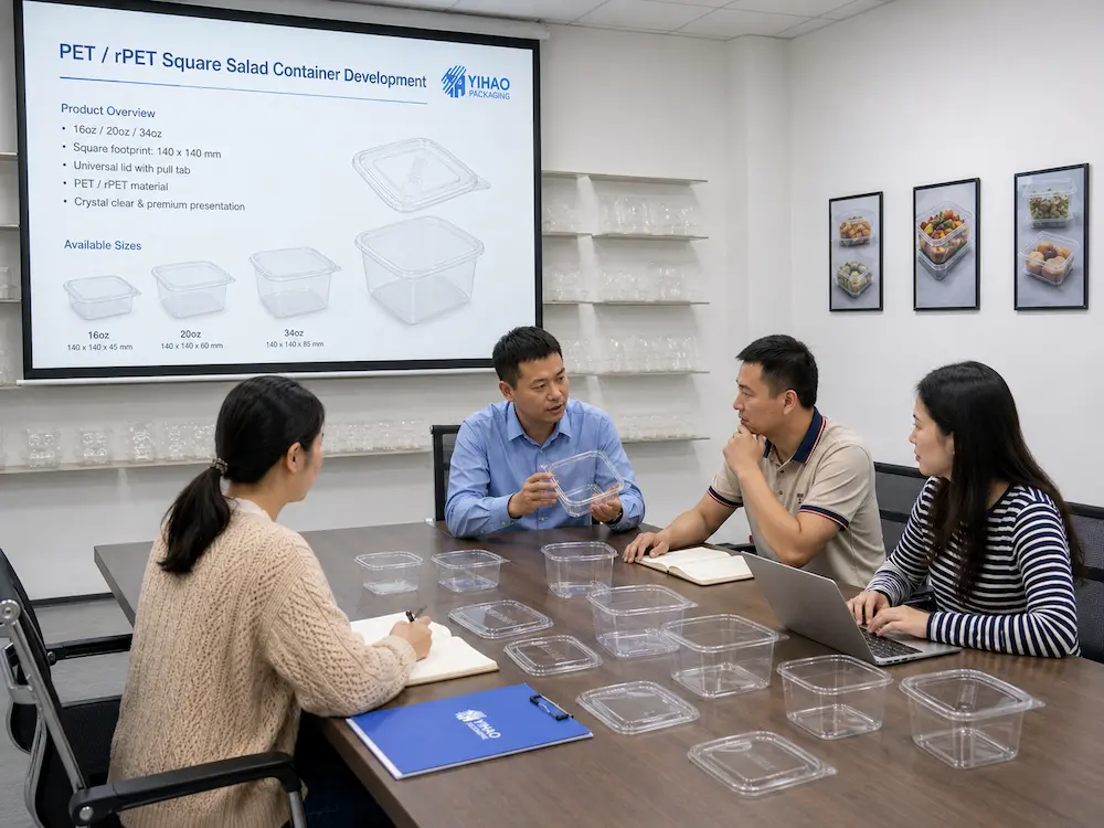 Packaging team reviewing clear square salad containers during a product development meeting