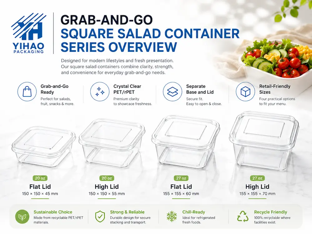 Grab-and-Go Salad Containers for Retail: Complete Buying Guide 1 YIHAO square salad container series overview with clear PET containers for grab-and-go retail salads