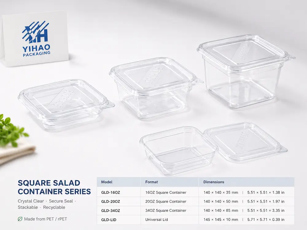 Clear PET and RPET square salad container series with separate lids and product dimensions