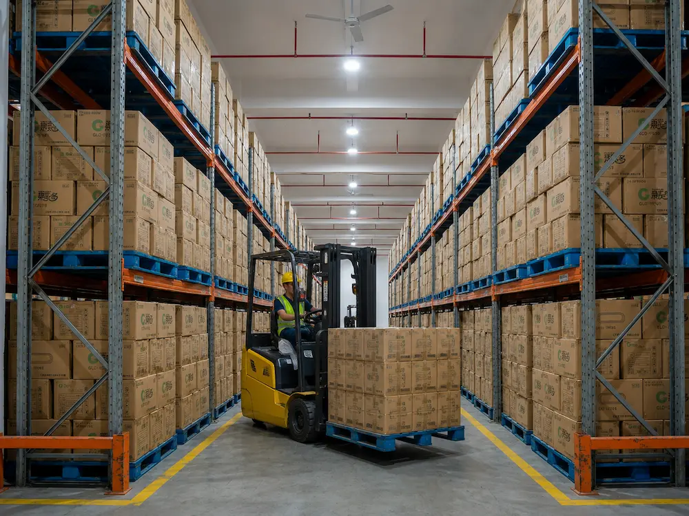 Wholesale warehouse inventory with cartons of food packaging products stored on pallet racks