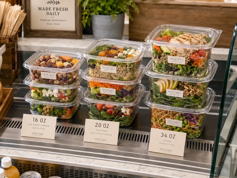 Best Square Salad Containers for Retail Display, Takeaway, and Chilled Food 7 Square salad containers displayed in a chilled deli case with 16 oz, 20 oz, and 34 oz salad portions