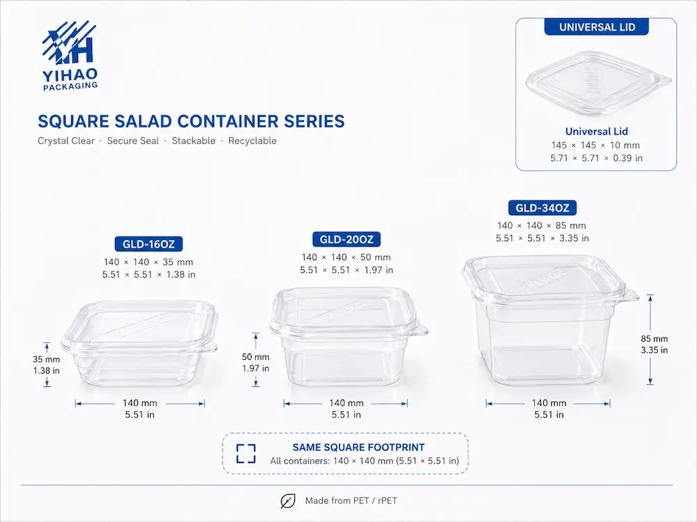 Size comparison of 16 oz, 20 oz, and 34 oz clear square salad containers with the same square footprint