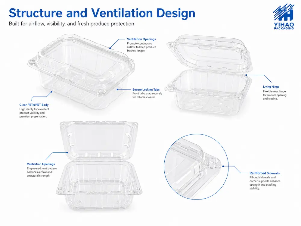 Vented Fruit Clamshells: Buyer Guide for Food Packaging Teams 1 Structure and ventilation design of clear PET vented fruit clamshell containers