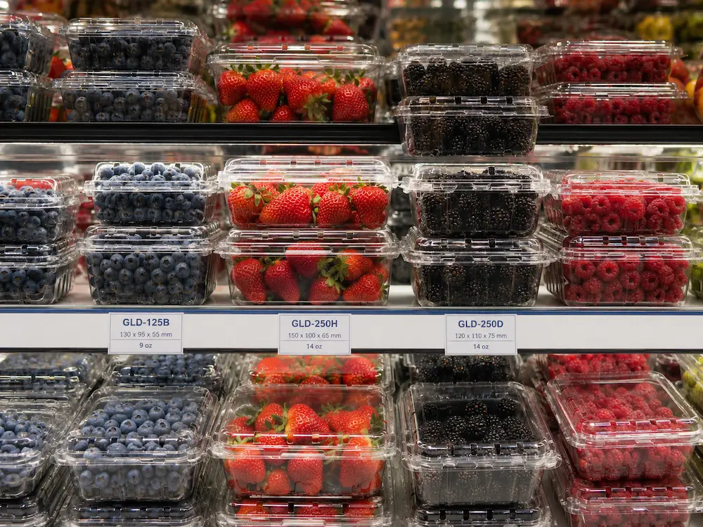 Vented Berry Containers vs Alternative Packaging: How Buyers Should Choose 5 Supermarket shelf display of clear vented berry containers with product labels