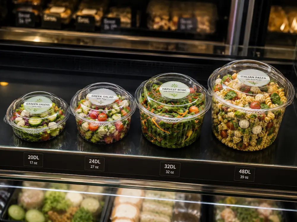 Chilled Salad Packaging FAQ: Materials, Sizes, Uses, and Ordering Questions 5 Four sizes of clear chilled salad containers displayed in a supermarket refrigerated case